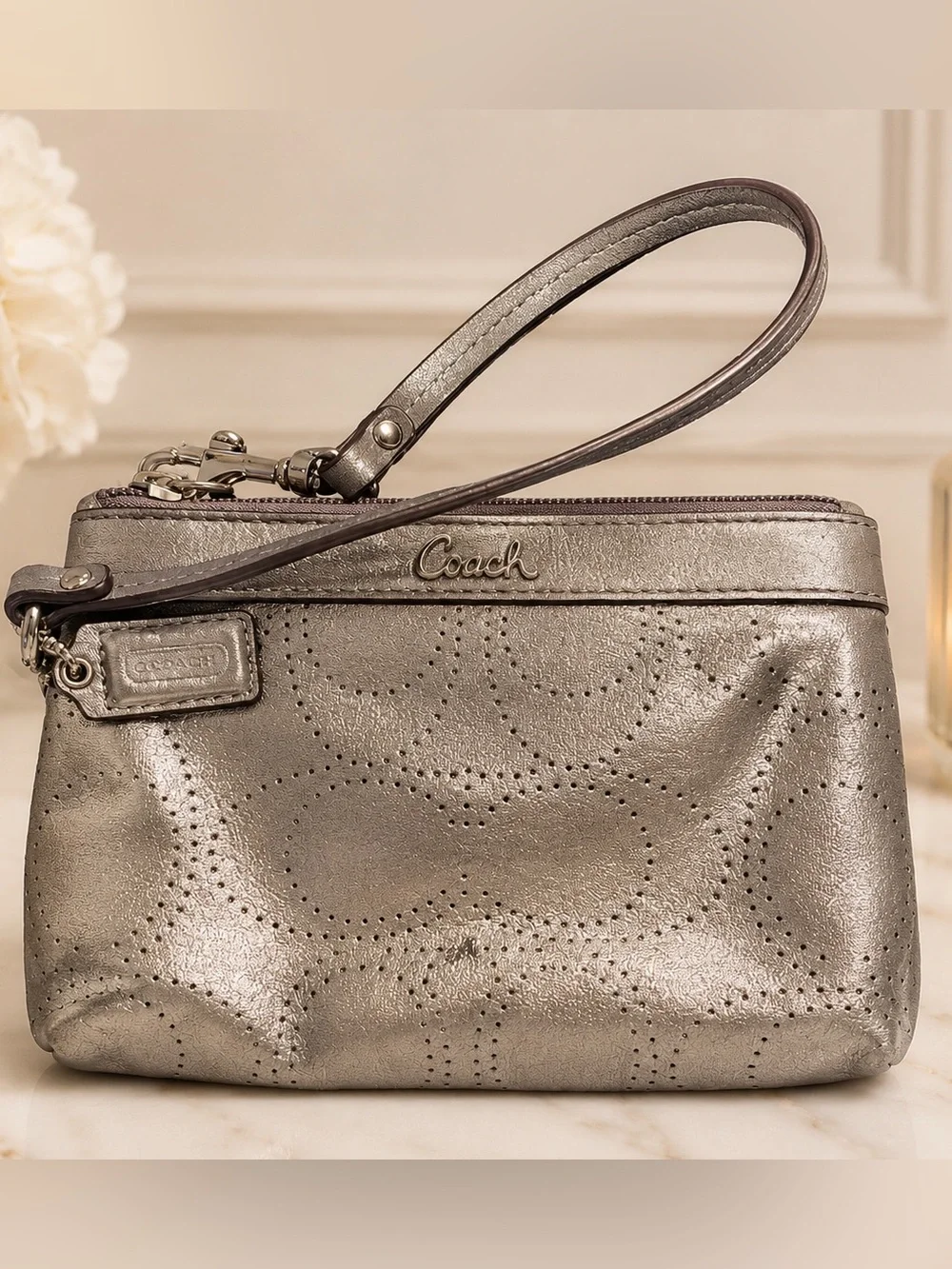 Coach Pewter Metallic Leather Wristlet